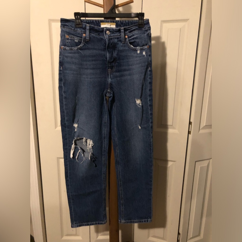 Dark Blue Distressed Straight Leg Jeans